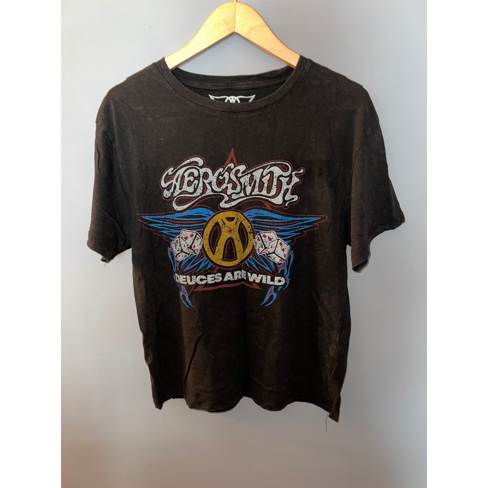 Aerosmith Deuces Are Wild Graphic Band Tee Faded Black Small 2023 Concert Shirt